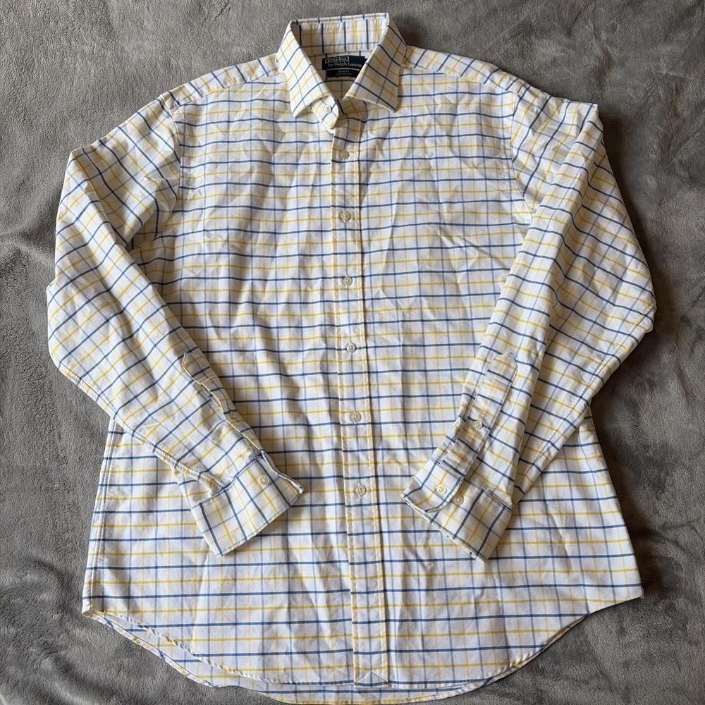 VTG Polo Ralph Lauren Shirt 17 XL Blue Yellow Check Regent Custom Fit Button Up